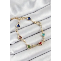 Pirinç Asorti Kalp Model Gold Renk Zirkon Taşlı Kadın Bileklik