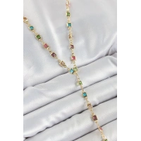 Pirinç Asorti Kare Model Gold Renk Zirkon Taşlı Y Kolye