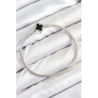 Pirinç Charm Zirkon Taşlı Yonca Model Gümüş Renk Kadın Bileklik