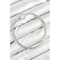 Pirinç Charm Zirkon Taşlı Yonca Model Gümüş Renk Kadın Bileklik