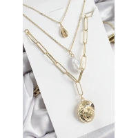 Pirinç Çoklu Zincirli İncili Deniz Kabuğu Model Gold Renk Kadın Kolye