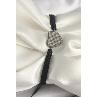 Pirinç Füme Renk Zirkon Taşlı Kalp Figür Asansörlü Makrome Model Kadın Bileklik