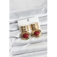 Pirinç Gold Bordo Renk Vintage Kadın Küpe