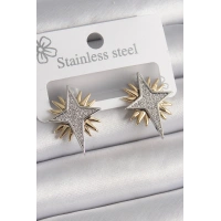 Pirinç Gold Gümüş Renk Zirkon Taşlı Kutup Yılıdız Model Kadın Küpe