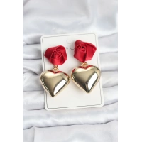 Pirinç Gold Kalpli Kırmızı Gül Model Kadın Küpe