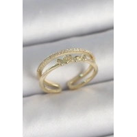 Pirinç Gold Renk 2Li Sıra Zirkon Taş Detaylı Kelebek Figürlü Ayarlanabilir Model Kadın Yüzük