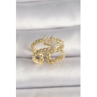 Pirinç Gold Renk 2Li Zincir Zirkon Taşlı Yıldız Figür Kadın Yüzük