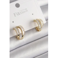 Pirinç Gold Renk 2Li Zirkon Taşlı Halka Model Kadın Küpe