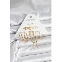 Pirinç Gold Renk 6 Çiftli Kadın Küpe Seti