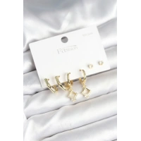 Pirinç Gold Renk 925 Ayar Gümüş Çivili Kadın Küpe Seti