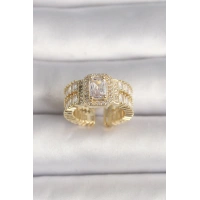 Pirinç Gold Renk Ayarlanabilir Baget Zirkon Taş Model Kadın Yüzük