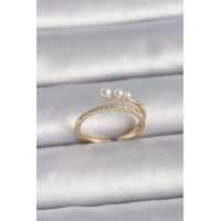 Pirinç Gold Renk Ayarlanabilir Zirkon Taşlı İncili Model Kadın Yüzük