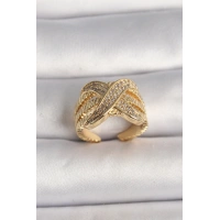 Pirinç Gold Renk Ayarlanabilir Zirkon Taşlı X Model Kadın Yüzük