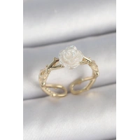 Pirinç Gold Renk Beyaz Gül Model Ayarlanabilir Kadın Yüzük