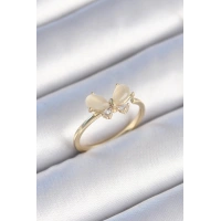 Pirinç Gold Renk Beyaz Mineli Zirkon Taşlı Kelebek Model Kadın Yüzük