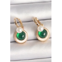 Pirinç Gold Renk Beyaz Yeşil Sallantı Mineli Kadın Küpe