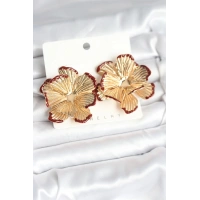 Pirinç Gold Renk Bordo Renk Detaylı Lotus Kadın Küpe