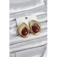 Pirinç Gold Renk Bordo Taşlı Damla Model Vintage Kadın Küpe