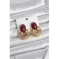 Pirinç Gold Renk Bordo Taşlı Vintage Kadın Küpe