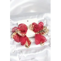 Pirinç Gold Renk Bordo Tüllü Lotus Kadın Küpe