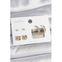 Pirinç Gold Renk Burgu Halka Model Zirkon Taşlı Kare Detay 3 Çift Kadın Küpe Seti