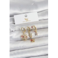 Pirinç Gold Renk Çiçek Model 3lü Kadın Küpe
