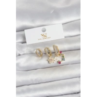 Pirinç Gold Renk Çiçek Model 3lü Kadın Küpe