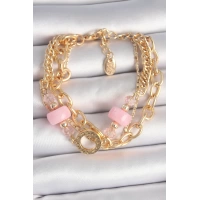 Pirinç Gold Renk Çoklu Pembe Taşlı Kadın Bileklik