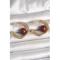 Pirinç Gold Renk Halka Model Kahverengi Boncuk Detay Kadın Küpe