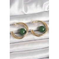 Pirinç Gold Renk Halka Model Yeşil Boncuk Detay Kadın Küpe
