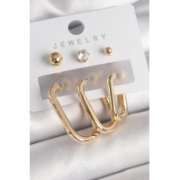 Pirinç Gold Renk Halka Model Zirkon Taş Topçuk Detay Kadın Küpe Seti