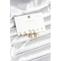 Pirinç Gold Renk İnci Detaylı 925 Gümüş Çivili Kadın Küpe Seti