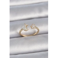 Pirinç Gold Renk İncili Hilal Zirkon Taşlı Yıldız Ayarlanabilir Model Kadın Yüzük