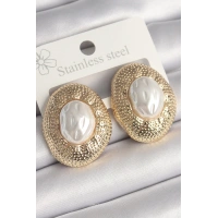 Pirinç Gold Renk İncili İşlemeli Daire Model Kadın Küpe