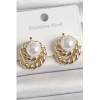 Pirinç Gold Renk İncili Sarmal Burgu Model Kadın Küpe