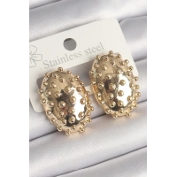 Pirinç Gold Renk İşleme Detaylı Oval Bombe Plaka Model Kadın Küpe