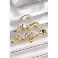 Pirinç Gold Renk İşlemeli Yılan Model Kelebek Detay 6Lı Kadın Yüzük Seti