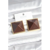 Pirinç Gold Renk Kahverengi Piramit Model Kadın Küpe