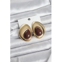 Pirinç Gold Renk Kahverengi Taşlı Damla Model Vintage Kadın Küpe