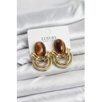 Pirinç Gold Renk Kahverengi Taşlı Vintage Kadın Küpe