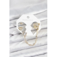Pirinç Gold Renk Kalp Model Zincir Bağlantılı Ear Cuff Küpe Seti