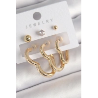 Pirinç Gold Renk Kalp Model Zirkon Taşlı Topçuk Detay Kadın Küpe Seti