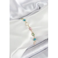 Pirinç Gold Renk Karışık Renk Kare Zirkon Taşlı Kadın Bileklik