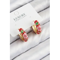 Pirinç Gold Renk Kırmızı Çiçek İşleme Mineli Kadın Küpe