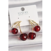 Pirinç Gold Renk Kırmızı Kiraz Model Kadın Küpe