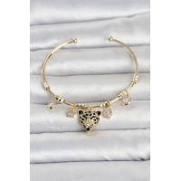 Pirinç Gold Renk Leopar Detaylı Charmlı Kadın Bileklik