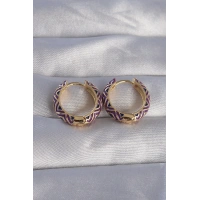 Pirinç Gold Renk Mor Etnik Desenli Halka Küpe