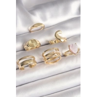 Pirinç Gold Renk Pembe Damla Mineli Sarmal İşleme Detaylı 6Lı Kadın Yüzük Seti