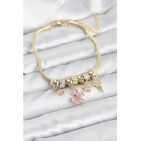 Pirinç Gold Renk Pembe Kelebek Charmlı Kadın Bileklik