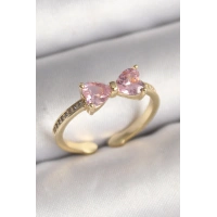 Pirinç Gold Renk Pembe Zirkon Taşlı Kalp Fiyonk Model Kadın Yüzük